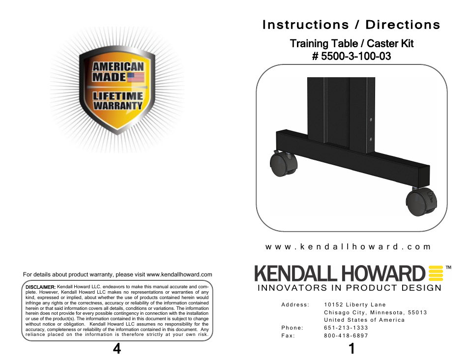 Kendall Howard 5500-3-100-03 Training Table Locking Caster Kit User Manual | 2 pages