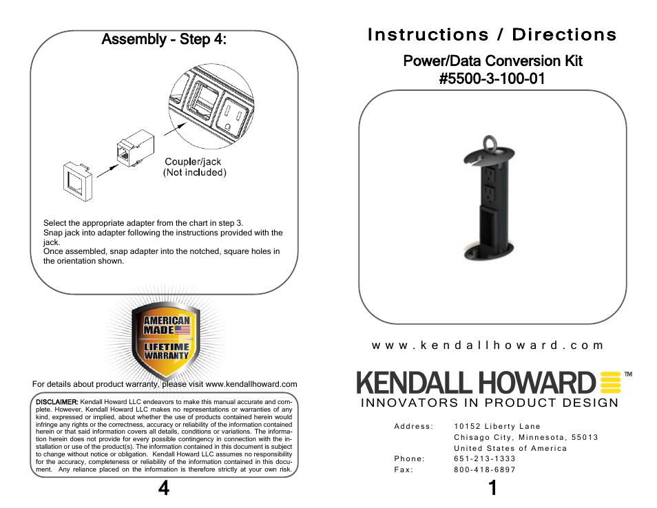 Kendall Howard 5500-3-100-01 Training Table Power/Data Conversion Kit User Manual | 2 pages