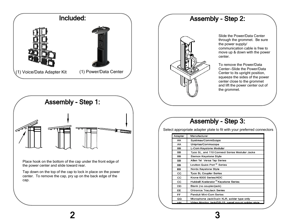 Included, Assembly - step 1: assembly - step 2, Assembly - step 3 | Kendall Howard 5500-3-100-01 Training Table Power/Data Conversion Kit User Manual | Page 2 / 2