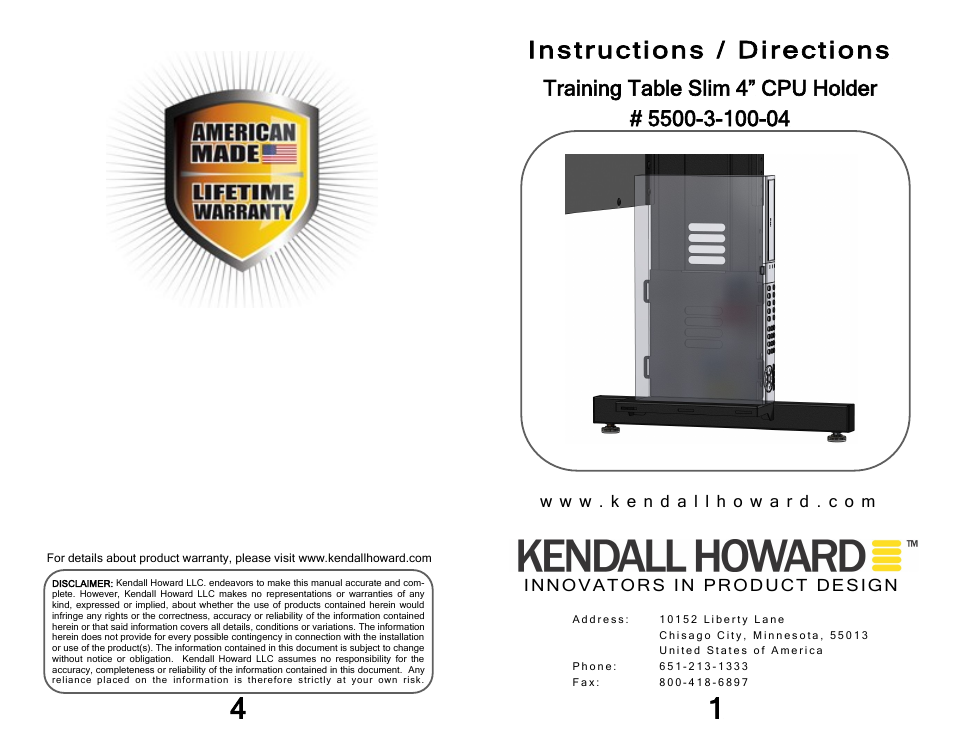 Kendall Howard 5500-3-100-04 Training Table SFF CPU Holder User Manual | 2 pages