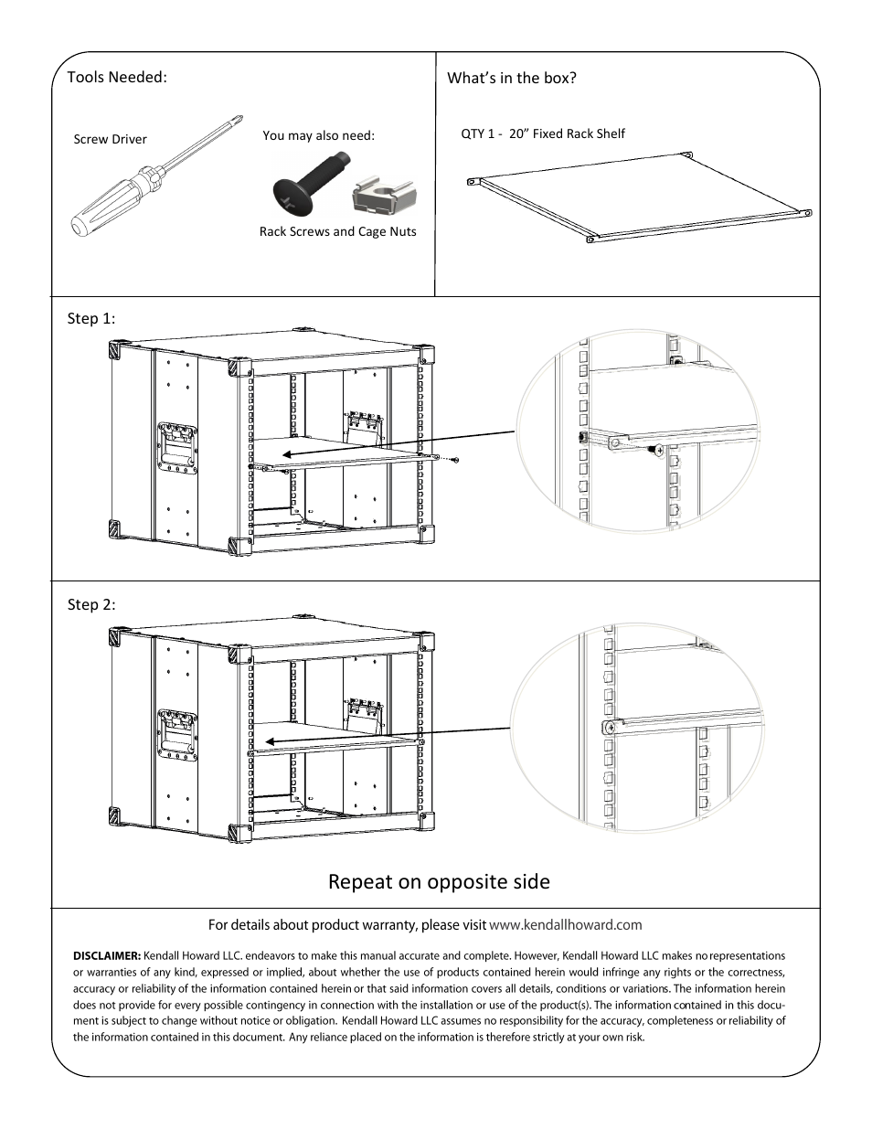 Repeat on opposite side | Kendall Howard 1904-1-001-01 20 Fixed Rack Shelf User Manual | Page 2 / 2