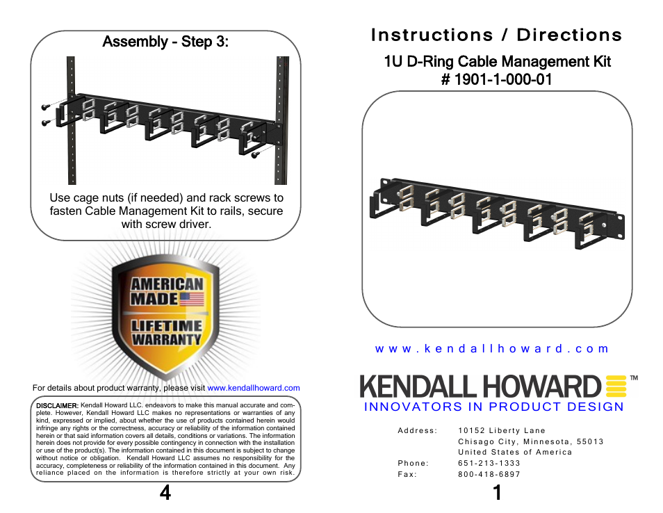 Kendall Howard 1901-1-000-01 1U D-Ring Cable Management Kit User Manual | 2 pages