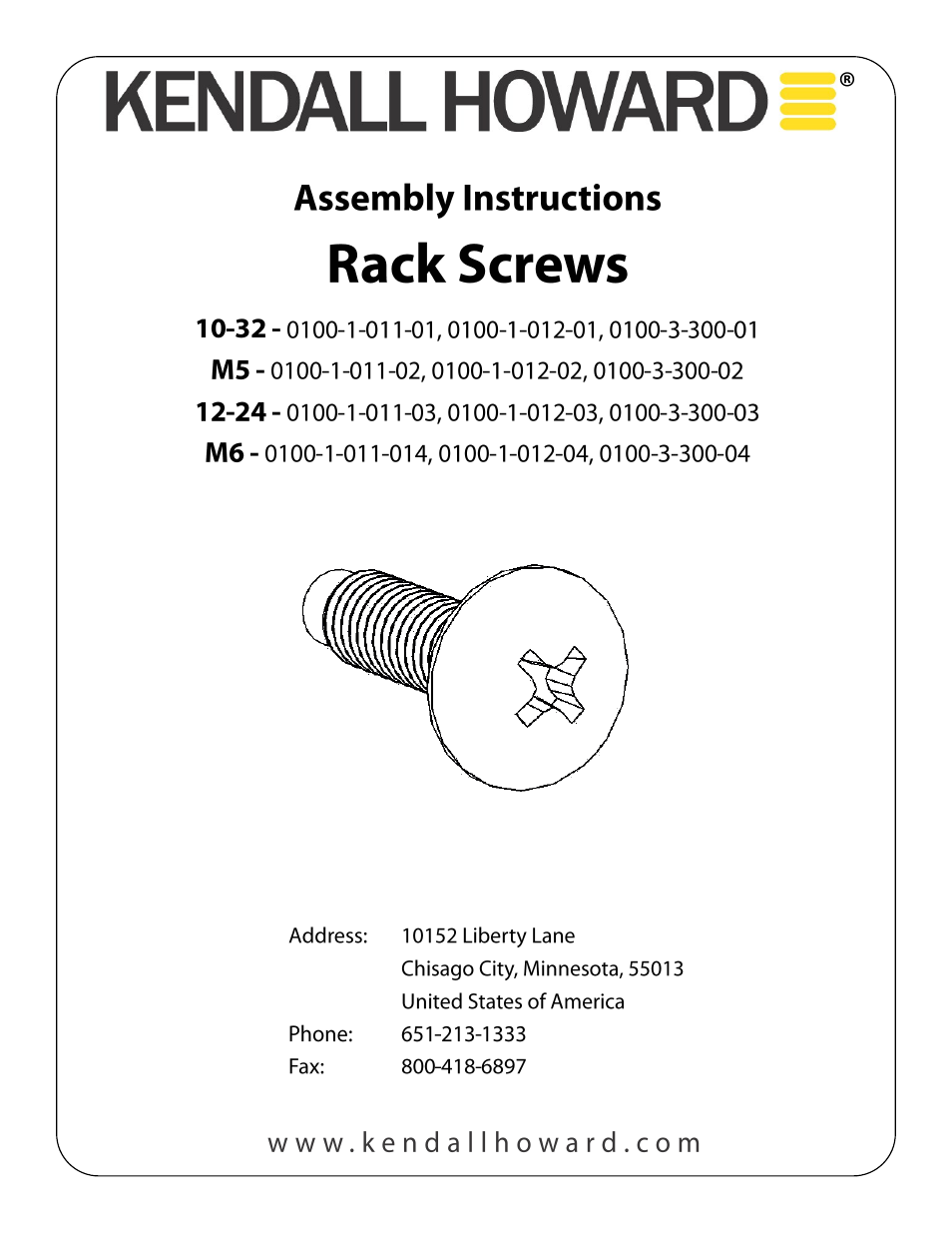 Kendall Howard 0100-x-01x-0x Rack Screws User Manual | 2 pages