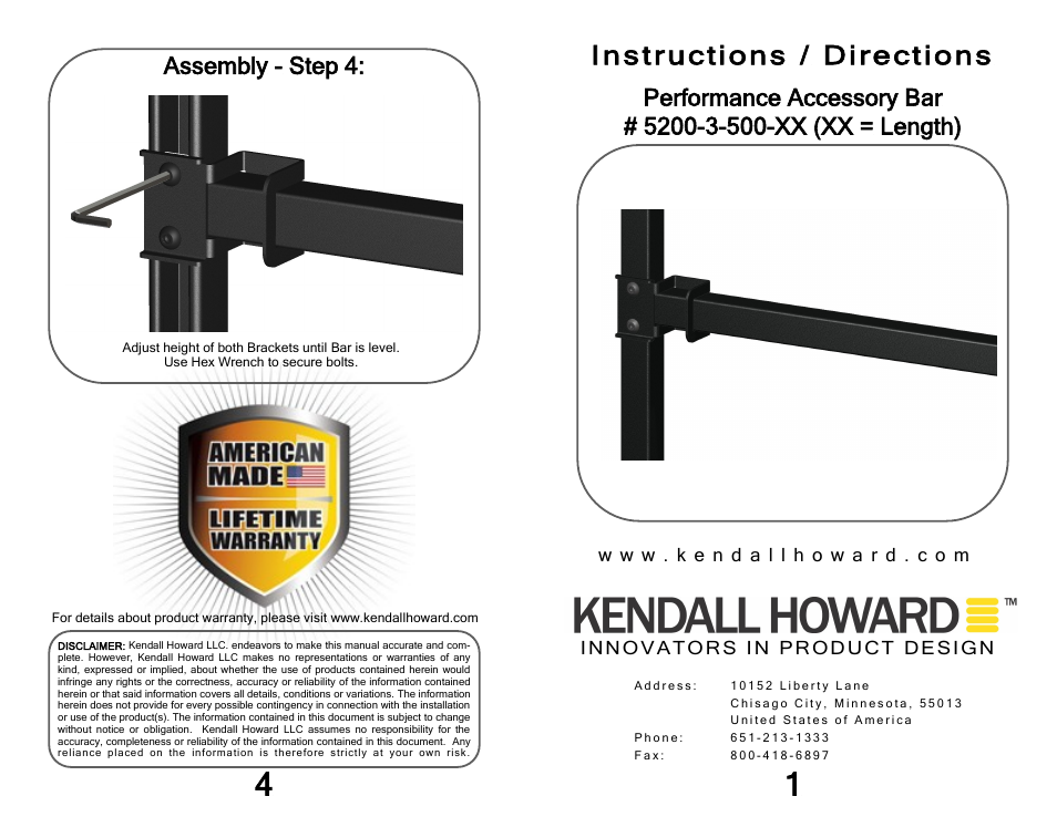 Kendall Howard 5200-3-500-xx Performance Accessory Bar User Manual | 2 pages