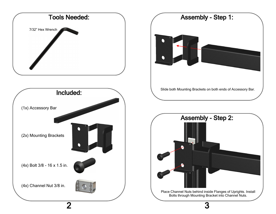 Tools needed: included, Assembly - step 1: assembly - step 2 | Kendall Howard 5200-3-500-xx Performance Accessory Bar User Manual | Page 2 / 2