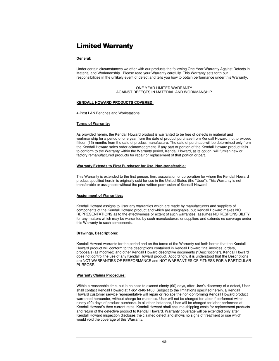 Kendall Howard 7100-1-100-xx Performance Plus Heavy Duty LAN Station User Manual | Page 12 / 13