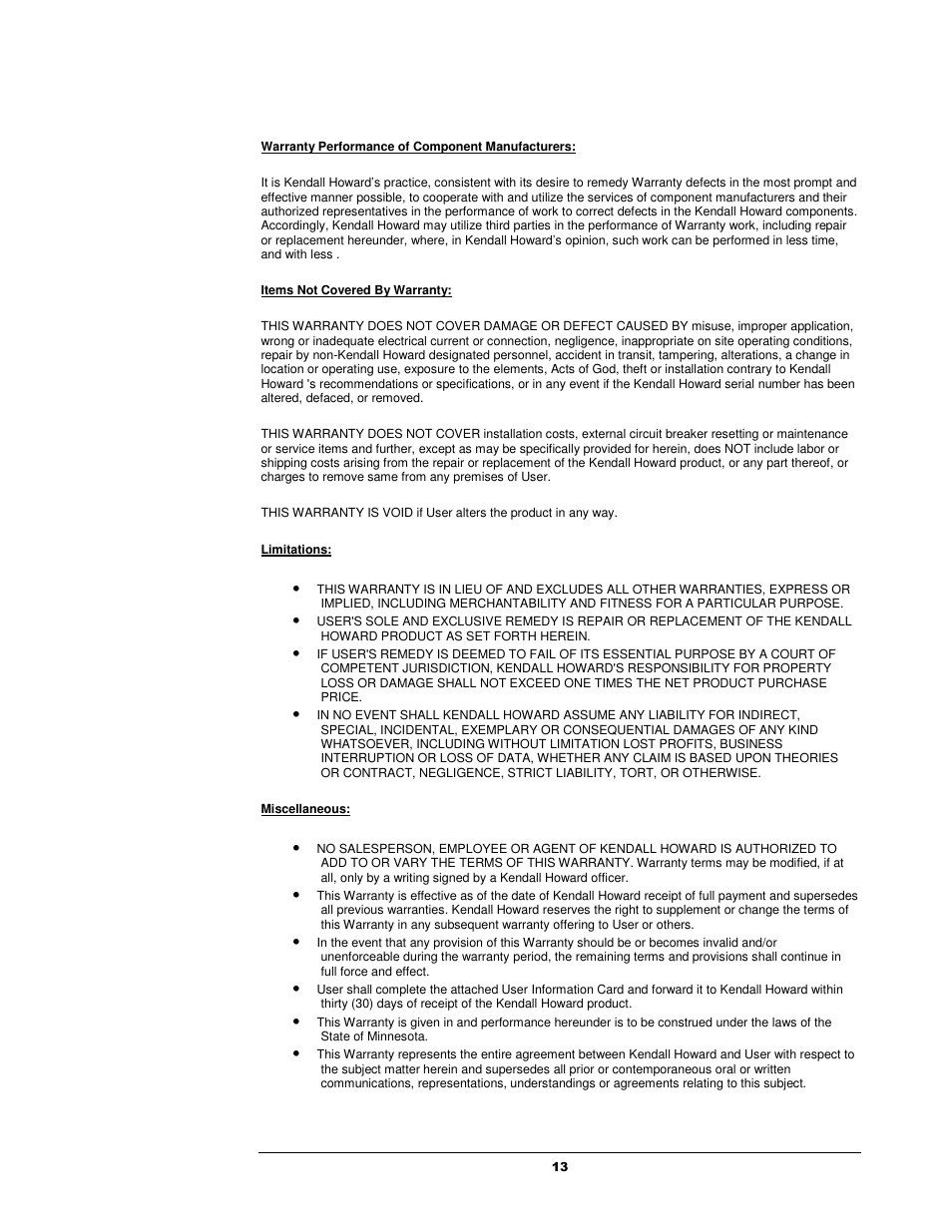 Kendall Howard 7100-1-100-xx Performance Plus Heavy Duty LAN Station User Manual | Page 13 / 13