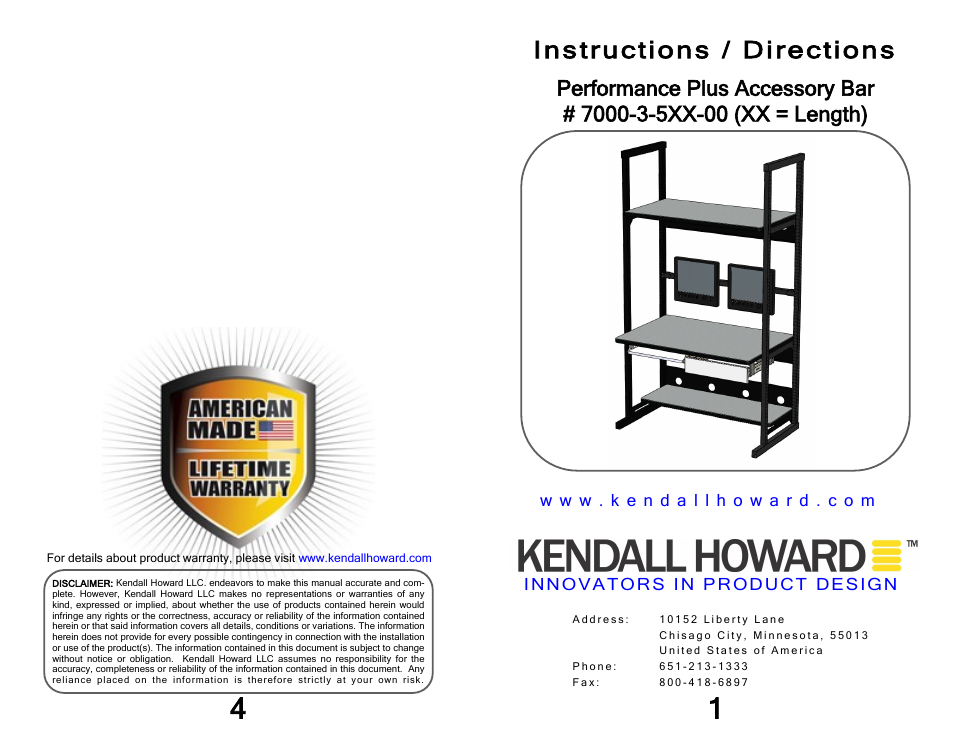 Kendall Howard 7000-3-5xx-00 Performance Plus Accessory Bar Kit User Manual | 2 pages