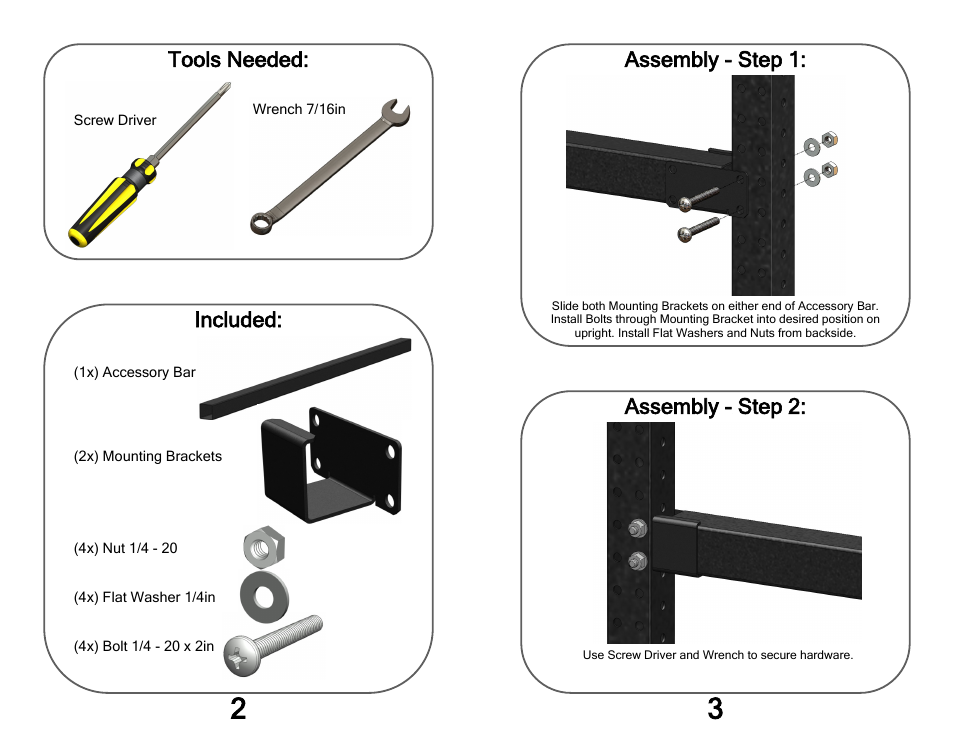 Tools needed: included, Assembly - step 1: assembly - step 2 | Kendall Howard 7000-3-5xx-00 Performance Plus Accessory Bar Kit User Manual | Page 2 / 2