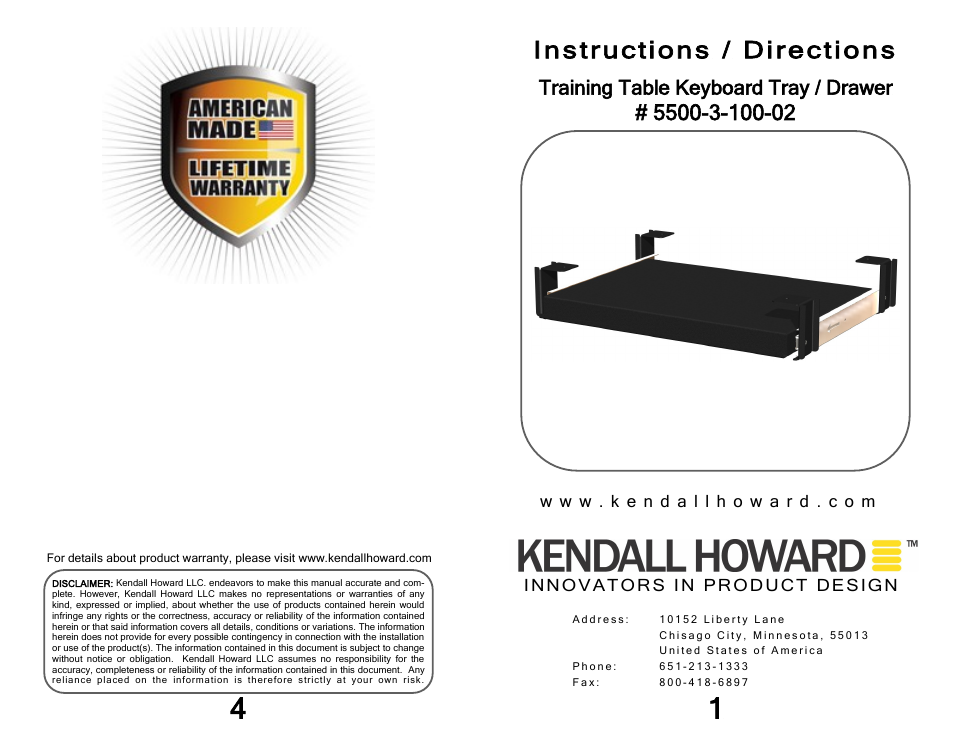 Kendall Howard 5500-3-100-02 Training Table Keyboard Tray User Manual | 2 pages