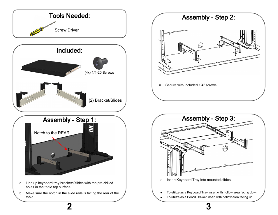 Tools needed, Included, Assembly - step 1 | Assembly - step 2, Assembly - step 3 | Kendall Howard 5500-3-100-02 Training Table Keyboard Tray User Manual | Page 2 / 2