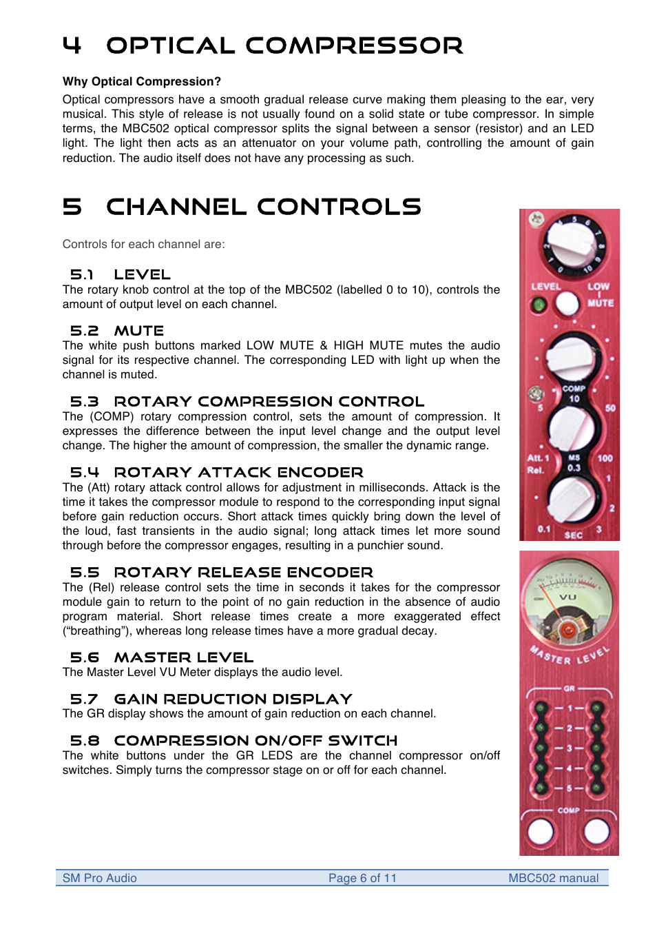 4 optical compressor, 5 channel controls | SM Pro Audio MBC502: System 500 Multi Band Optical Compressor User Manual | Page 6 / 11
