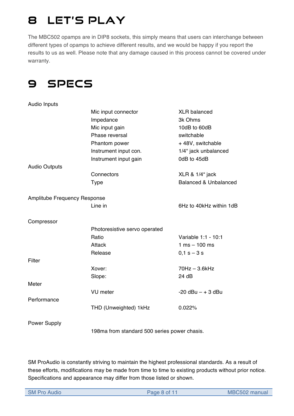 8 let’s play, 9 specs | SM Pro Audio MBC502: System 500 Multi Band Optical Compressor User Manual | Page 8 / 11