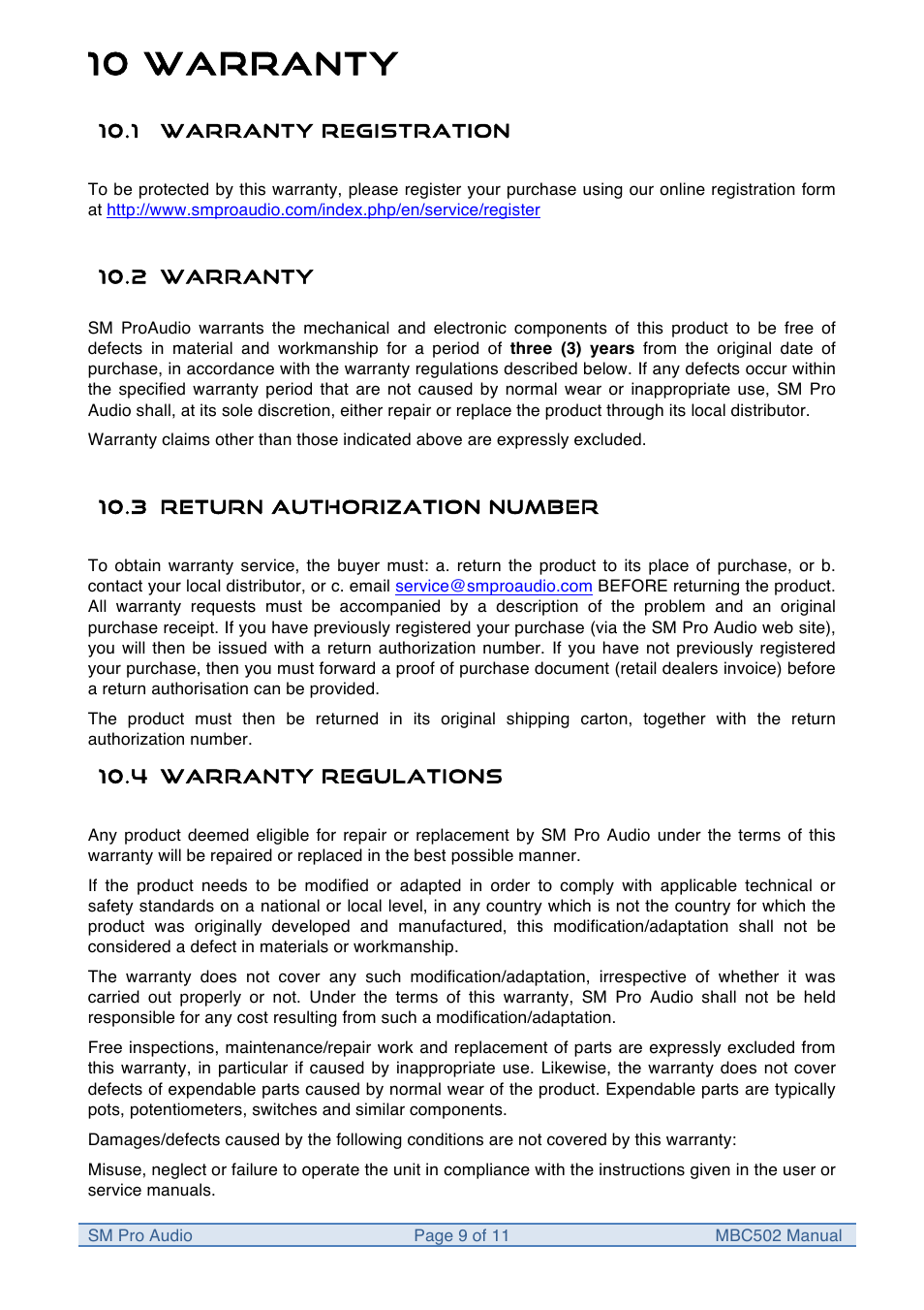 10 warranty | SM Pro Audio MBC502: System 500 Multi Band Optical Compressor User Manual | Page 9 / 11