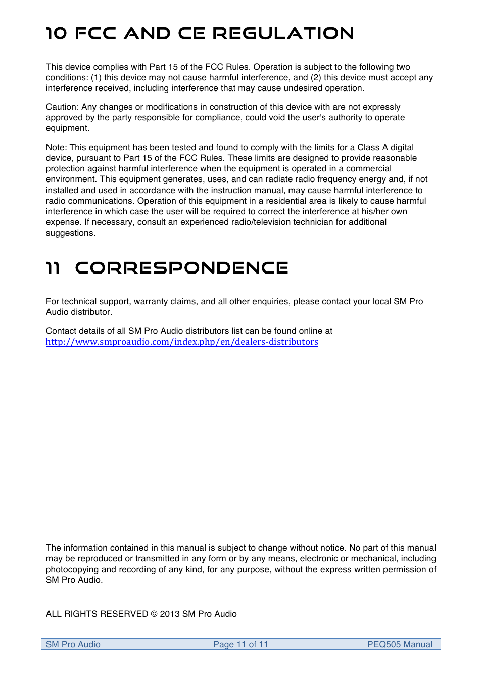 10 fcc and ce regulation, 11 correspondence | SM Pro Audio PEQ505: 5 Band Parametric Equalizer User Manual | Page 11 / 11
