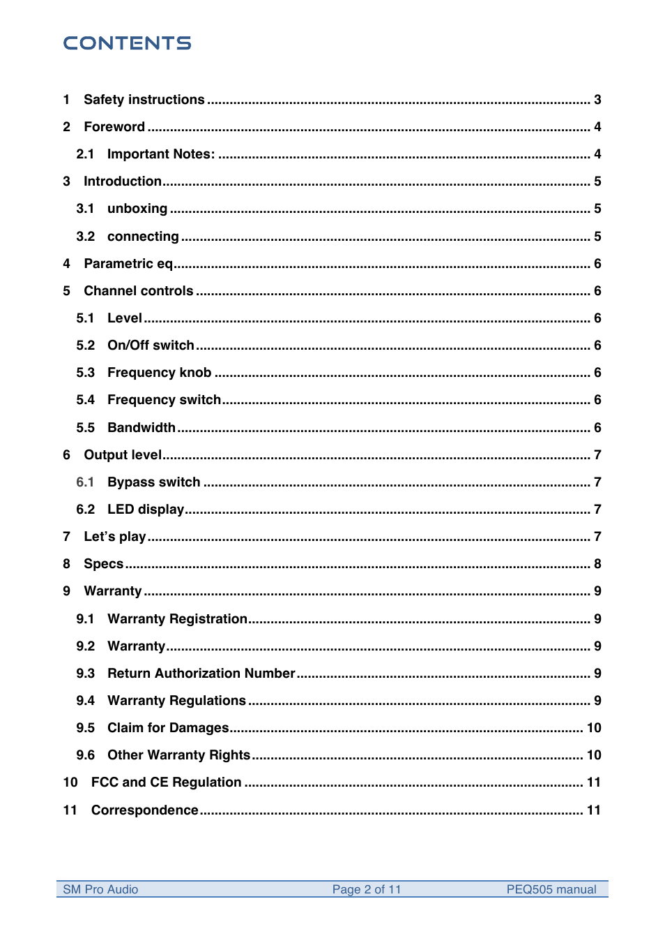 SM Pro Audio PEQ505: 5 Band Parametric Equalizer User Manual | Page 2 / 11