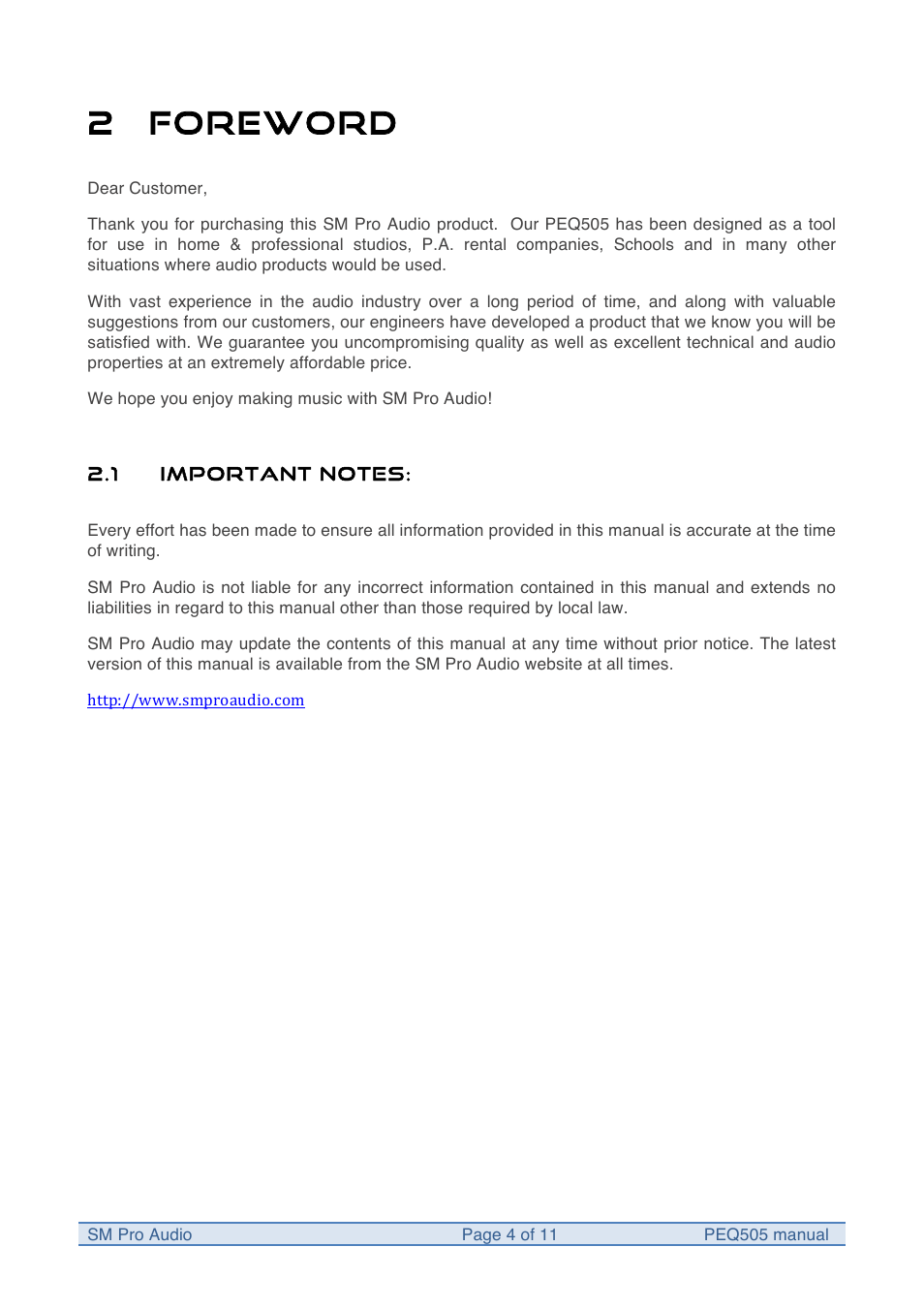 2 foreword, Fall | SM Pro Audio PEQ505: 5 Band Parametric Equalizer User Manual | Page 4 / 11