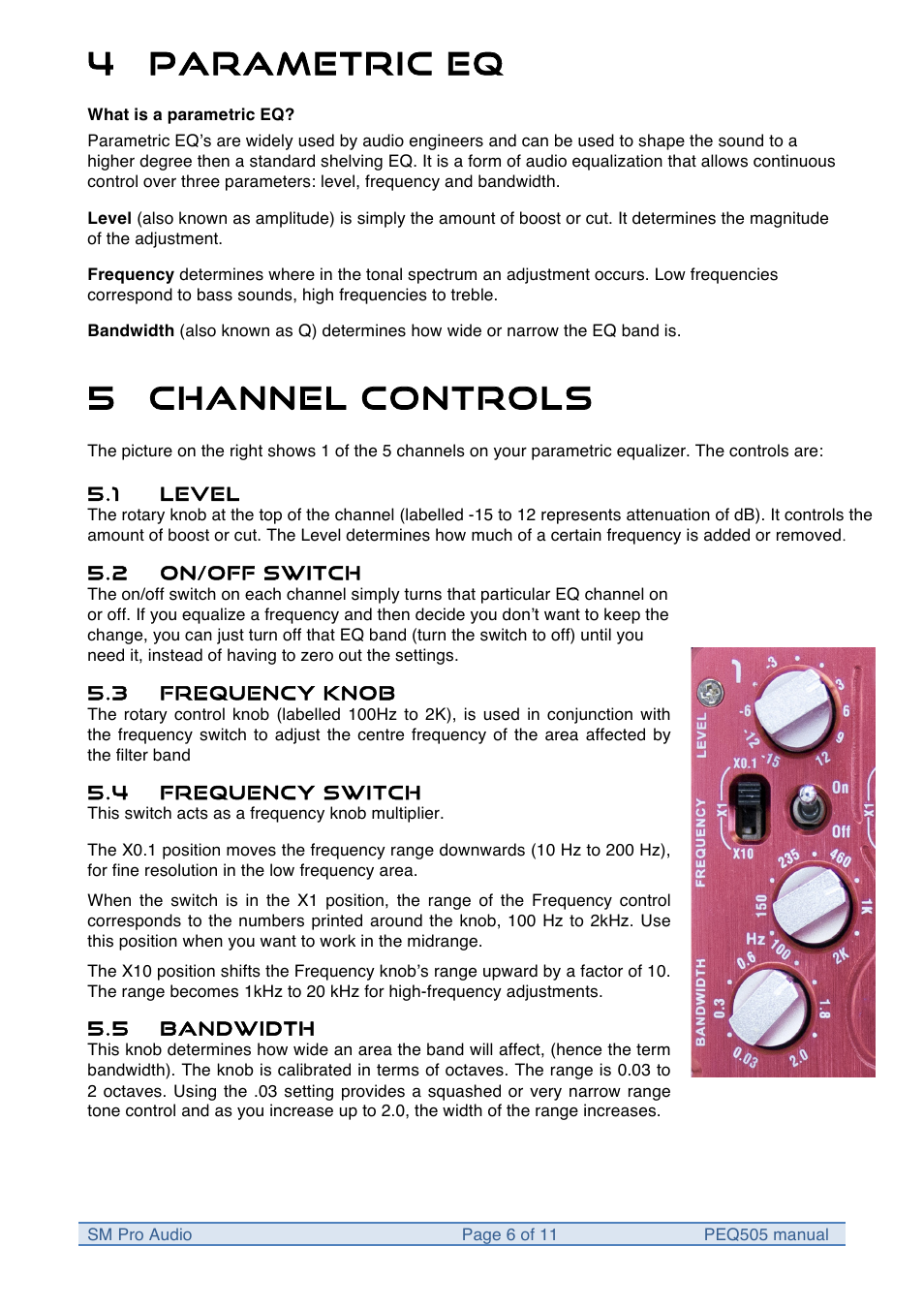 4 parametric eq, 5 channel controls | SM Pro Audio PEQ505: 5 Band Parametric Equalizer User Manual | Page 6 / 11