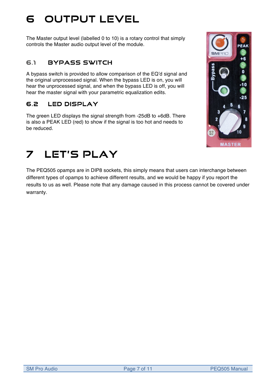 6 output level, 7 let’s play | SM Pro Audio PEQ505: 5 Band Parametric Equalizer User Manual | Page 7 / 11