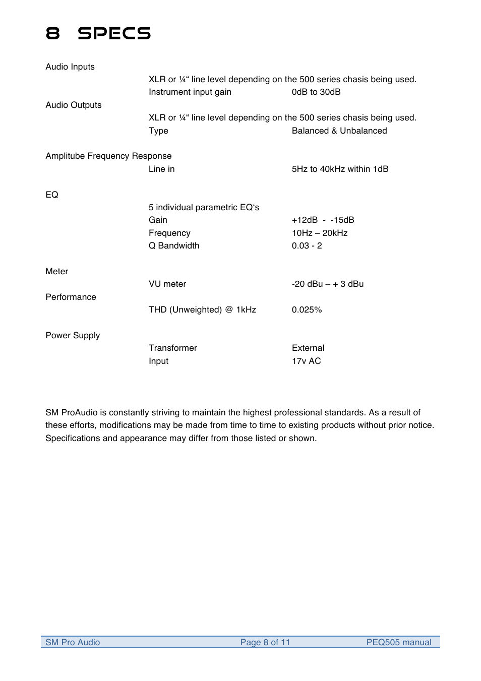 8 specs | SM Pro Audio PEQ505: 5 Band Parametric Equalizer User Manual | Page 8 / 11