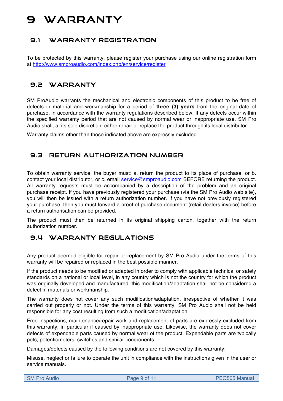 9 warranty | SM Pro Audio PEQ505: 5 Band Parametric Equalizer User Manual | Page 9 / 11
