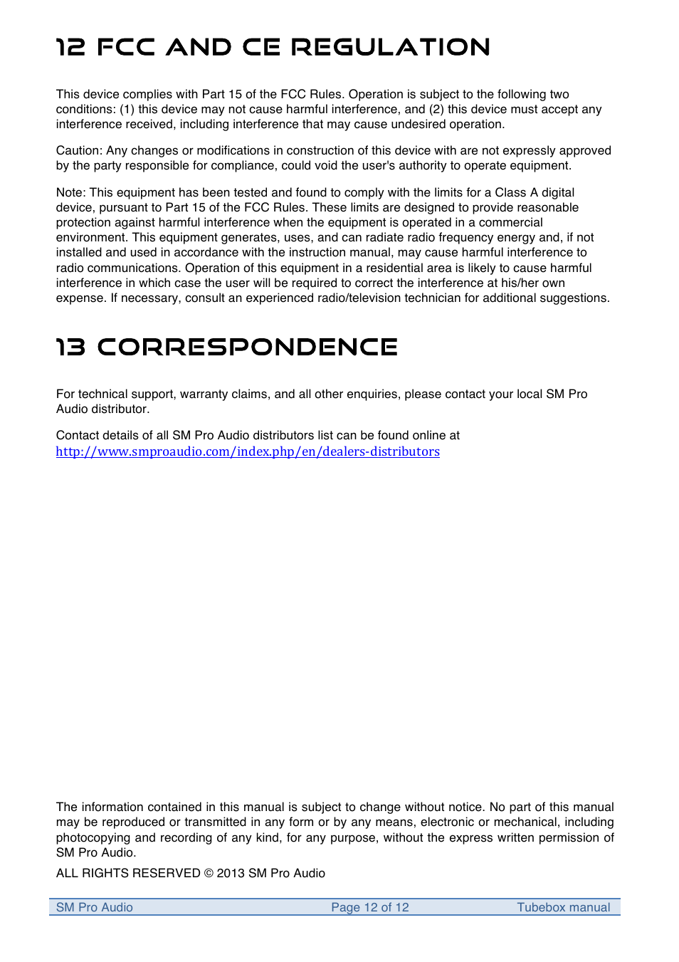 12 fcc and ce regulation, 13 correspondence | SM Pro Audio Tubebox: System 500 compatible preamp Module User Manual | Page 12 / 12