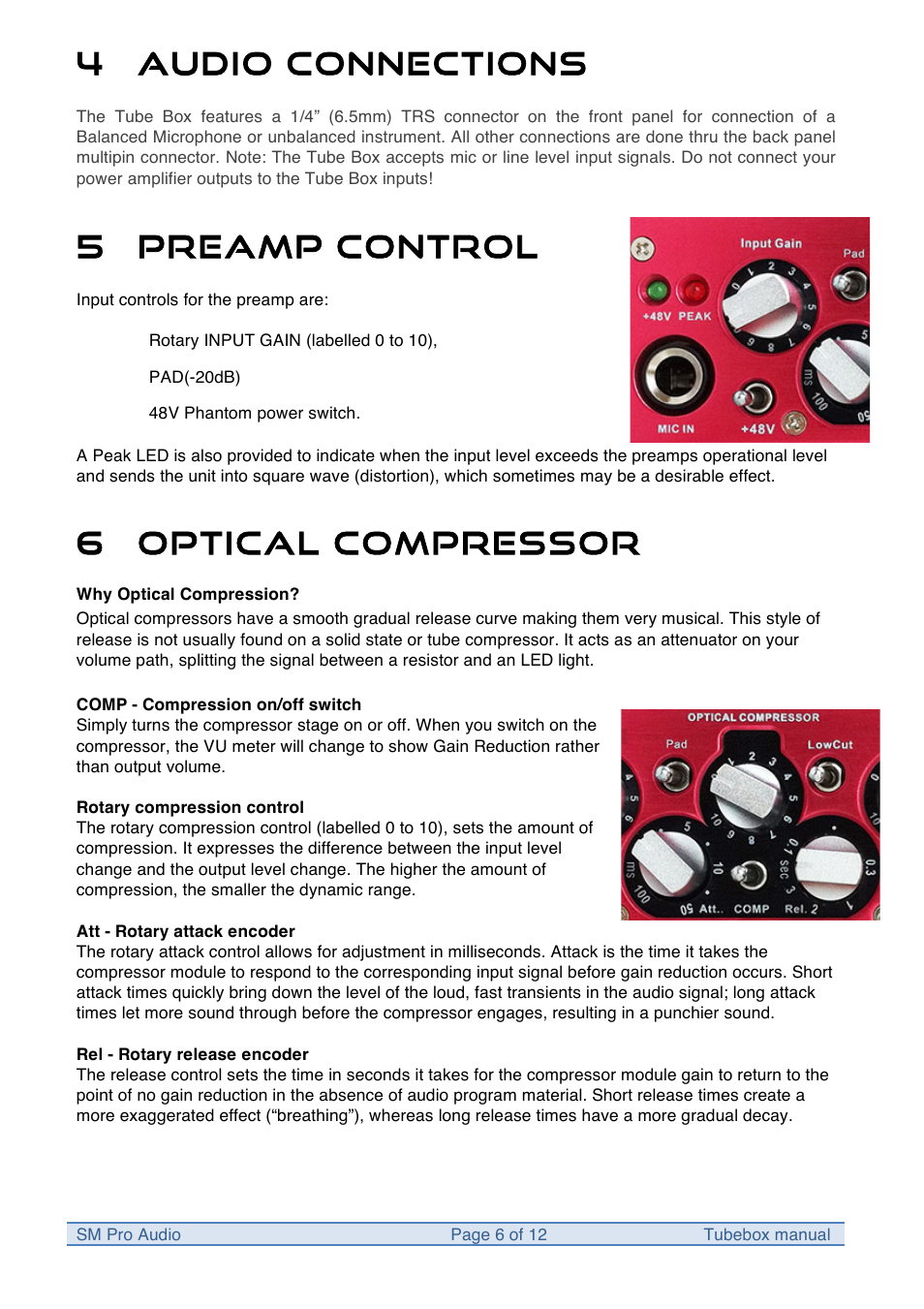 4 audio connections, 5 preamp control, 6 optical compressor | SM Pro Audio Tubebox: System 500 compatible preamp Module User Manual | Page 6 / 12