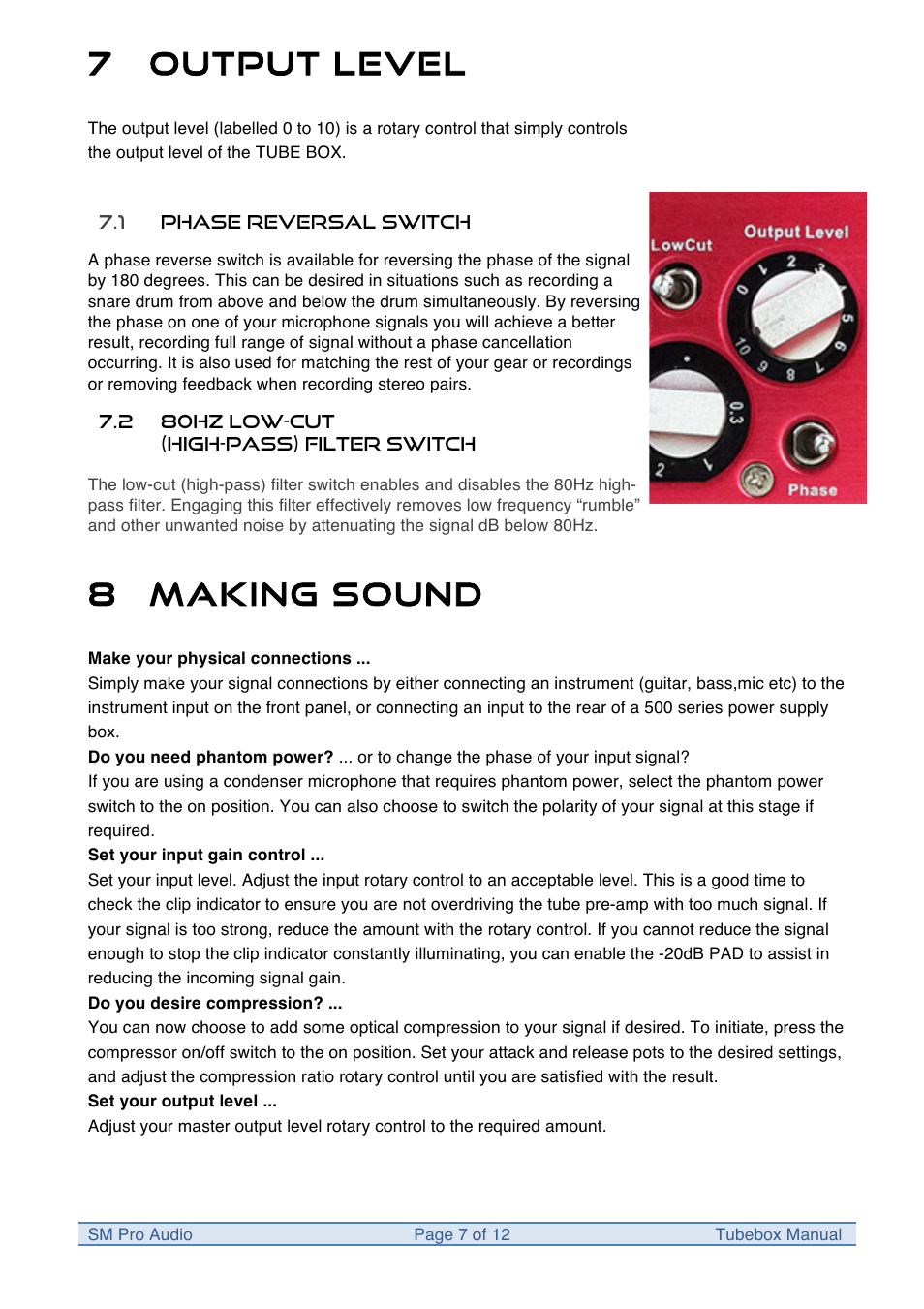 7 output level, 8 making sound | SM Pro Audio Tubebox: System 500 compatible preamp Module User Manual | Page 7 / 12