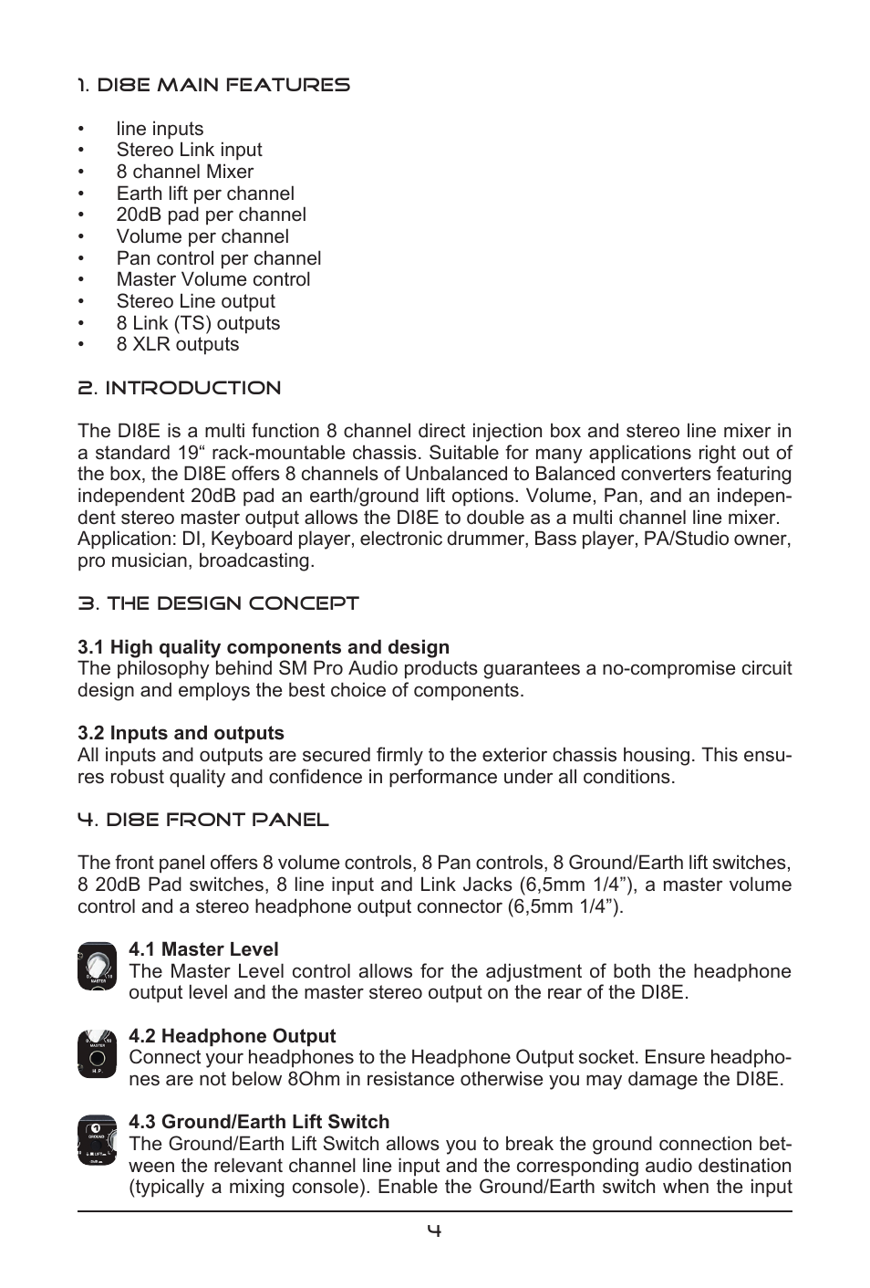 SM Pro Audio DI8E: 8 channel DI Box with line mixer User Manual | Page 4 / 8