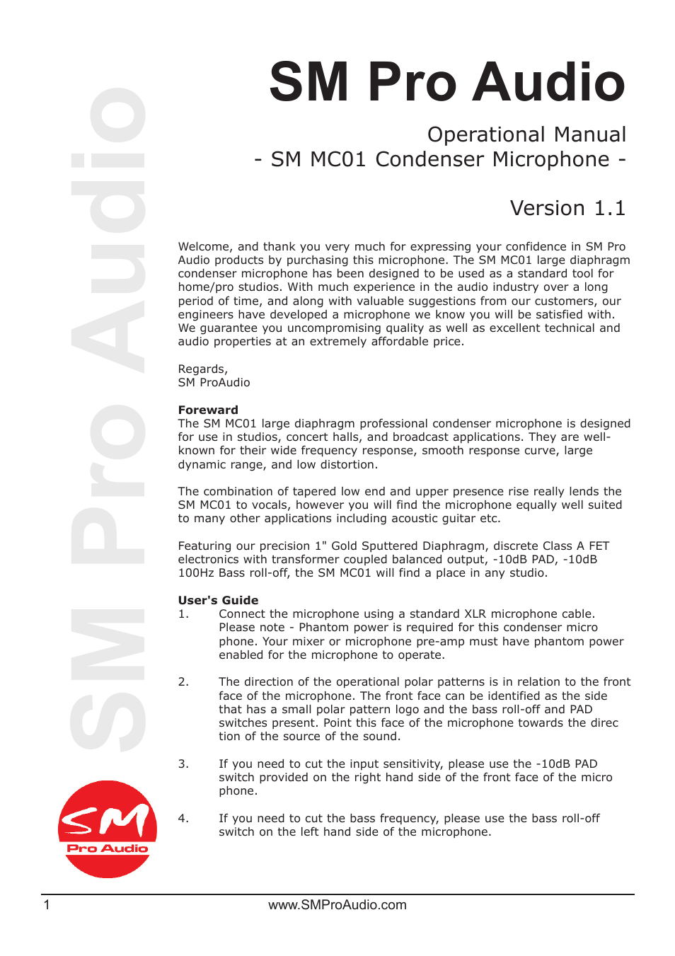 SM Pro Audio MC01: Studio Condenser Microphone User Manual | 2 pages