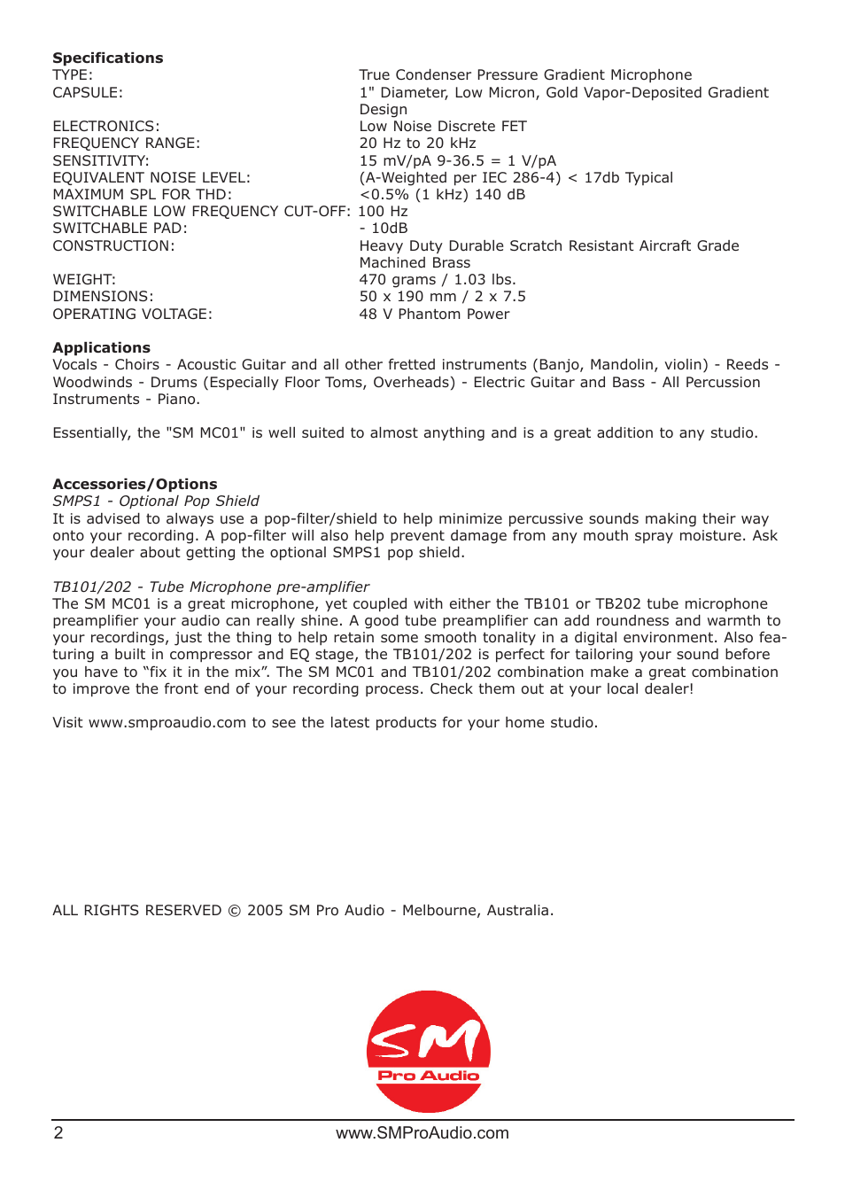SM Pro Audio MC01: Studio Condenser Microphone User Manual | Page 2 / 2