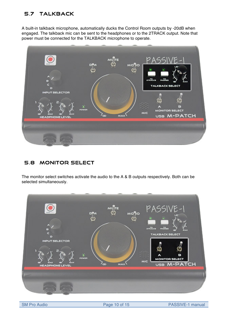 SM Pro Audio M-Patch Passive-1: Precision Monitor Control Plus Studio Talkback and USB Audio I/O User Manual | Page 10 / 15