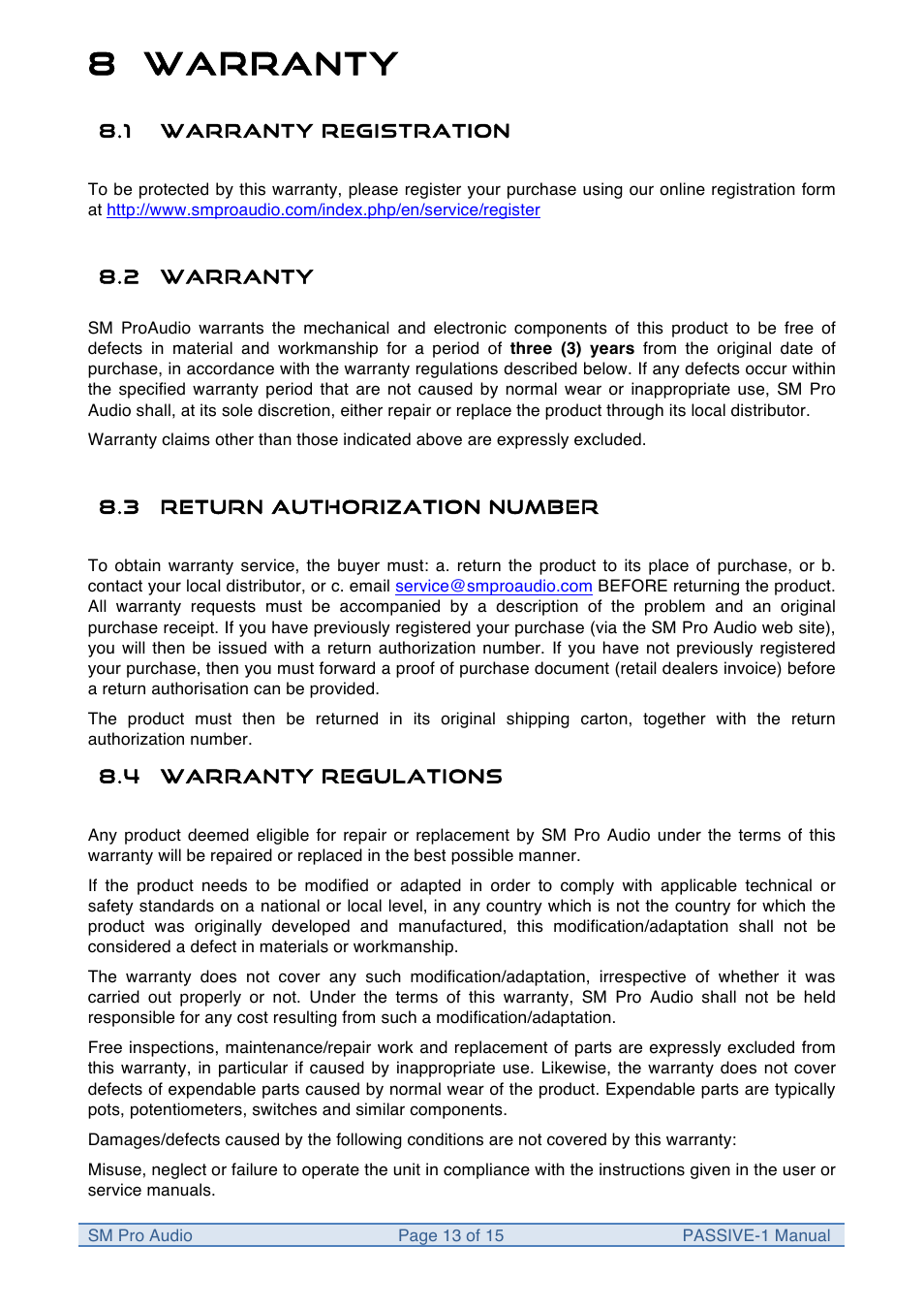 8 warranty | SM Pro Audio M-Patch Passive-1: Precision Monitor Control Plus Studio Talkback and USB Audio I/O User Manual | Page 13 / 15