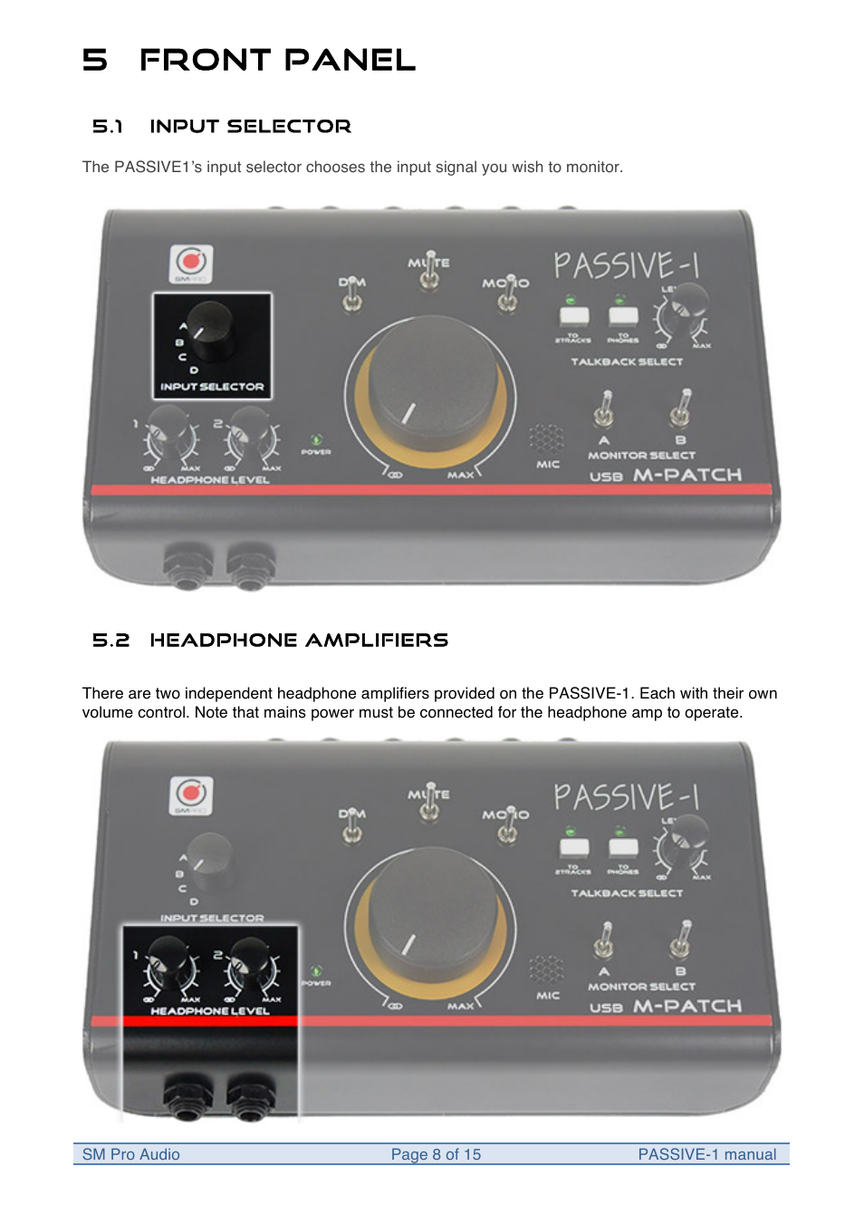 5 front panel | SM Pro Audio M-Patch Passive-1: Precision Monitor Control Plus Studio Talkback and USB Audio I/O User Manual | Page 8 / 15