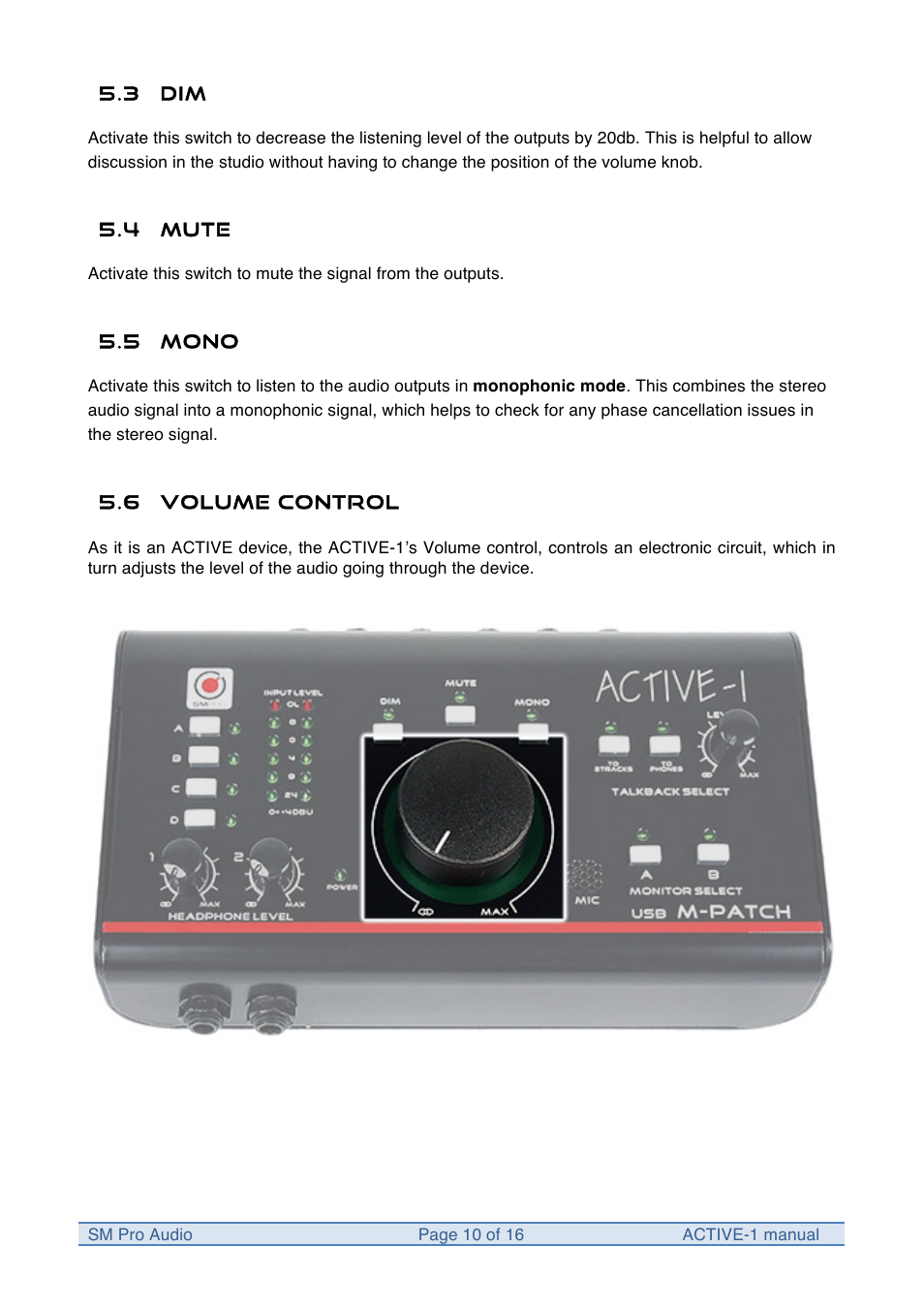 SM Pro Audio M-Patch Active-1: Precision Monitor Control Plus Studio Talkback and USB Audio I/O User Manual | Page 10 / 16