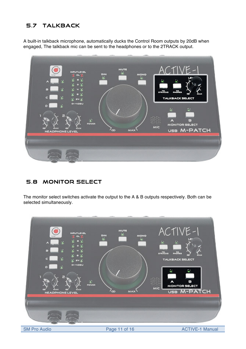 SM Pro Audio M-Patch Active-1: Precision Monitor Control Plus Studio Talkback and USB Audio I/O User Manual | Page 11 / 16