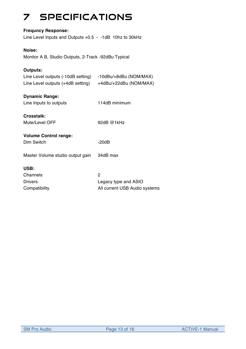 7 specifications | SM Pro Audio M-Patch Active-1: Precision Monitor Control Plus Studio Talkback and USB Audio I/O User Manual | Page 13 / 16