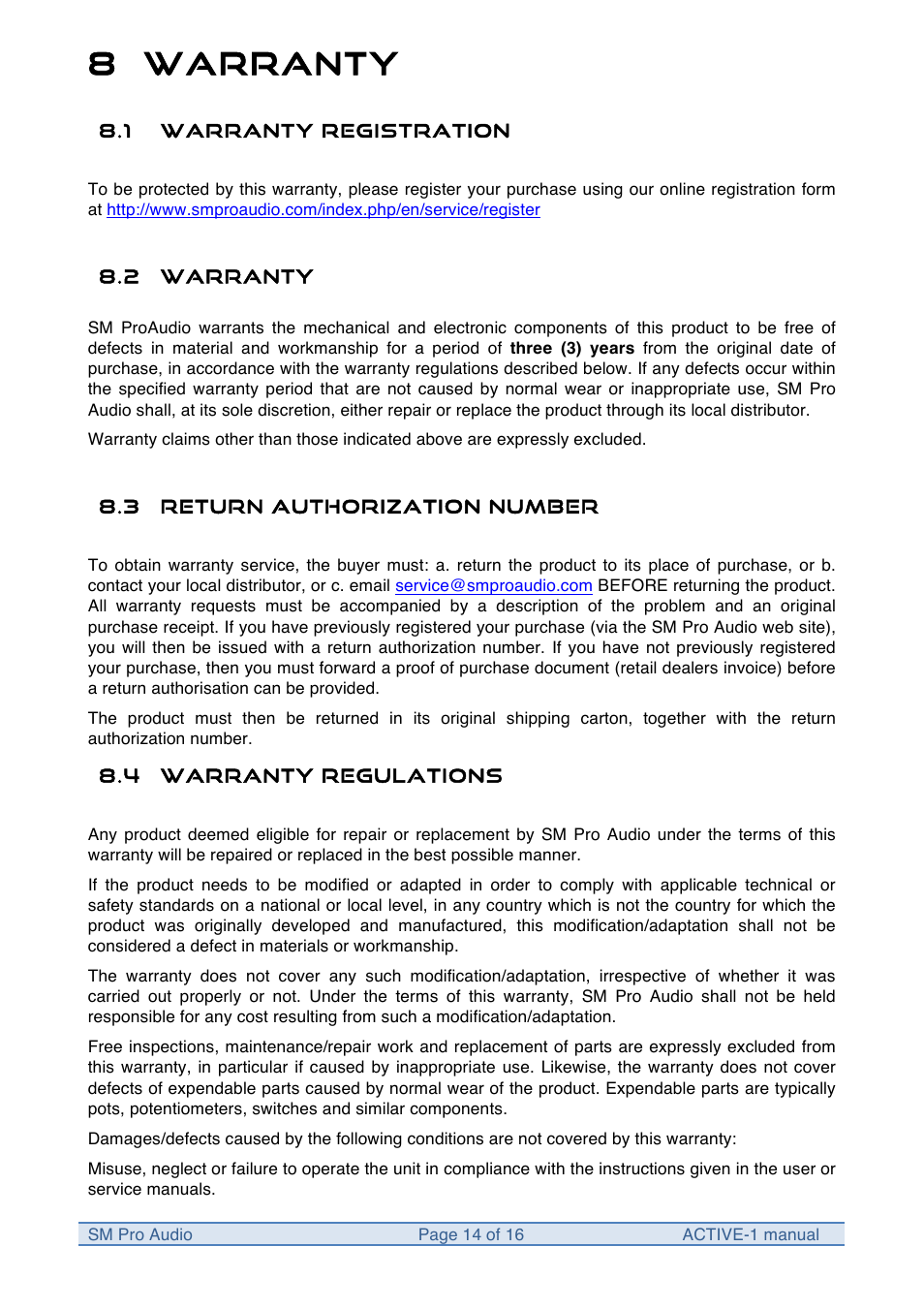 8 warranty | SM Pro Audio M-Patch Active-1: Precision Monitor Control Plus Studio Talkback and USB Audio I/O User Manual | Page 14 / 16