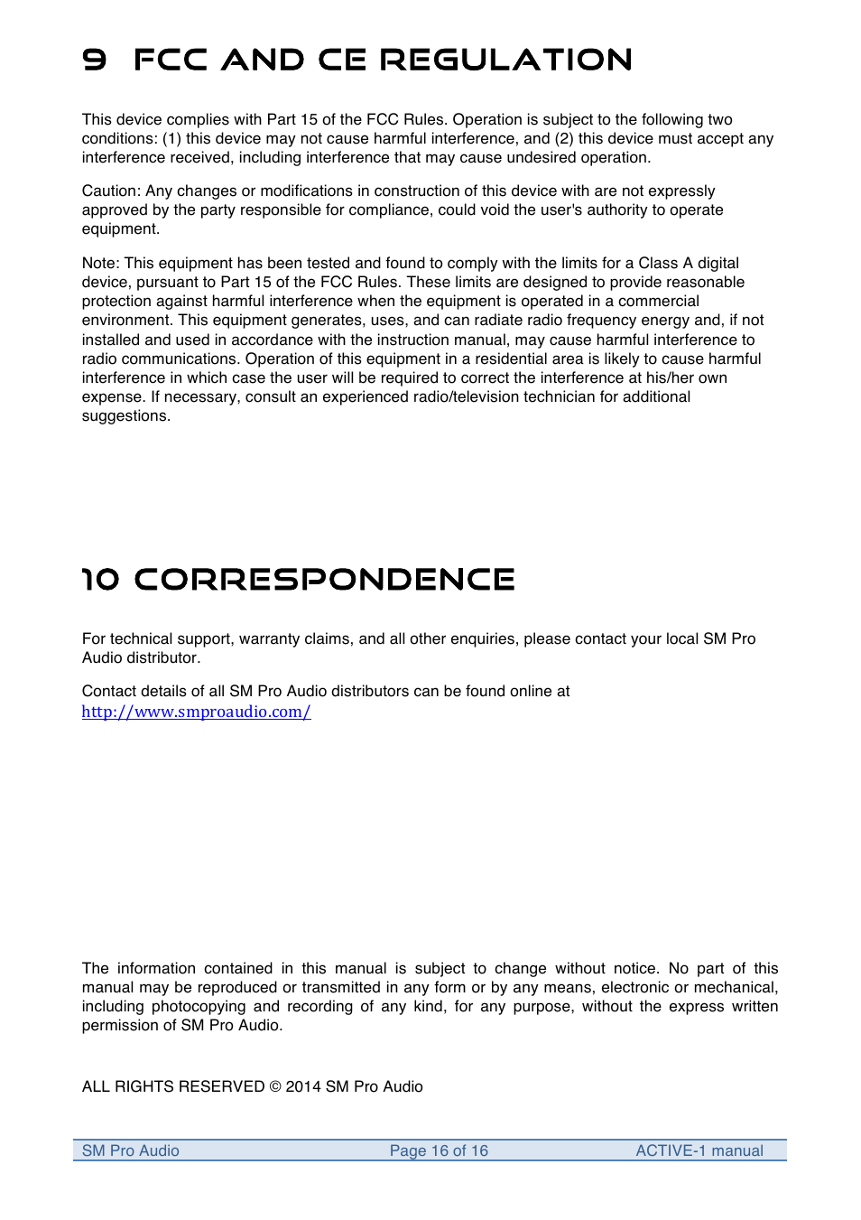 9 fcc and ce regulation, 10 correspondence | SM Pro Audio M-Patch Active-1: Precision Monitor Control Plus Studio Talkback and USB Audio I/O User Manual | Page 16 / 16