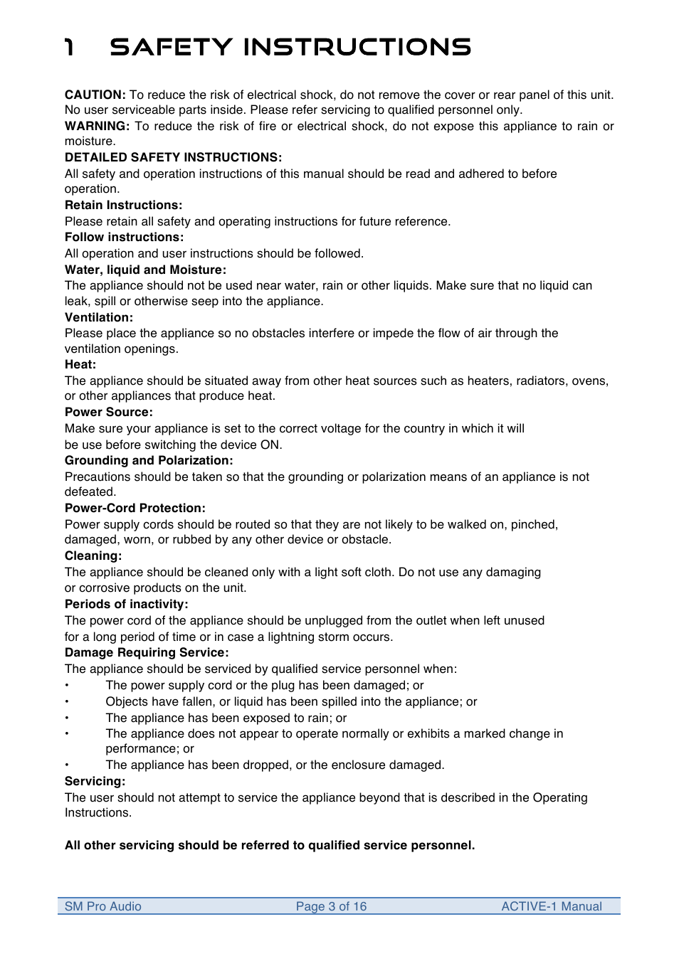 1safety instructions | SM Pro Audio M-Patch Active-1: Precision Monitor Control Plus Studio Talkback and USB Audio I/O User Manual | Page 3 / 16