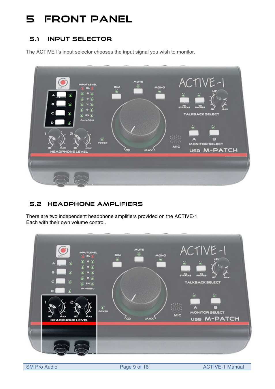 5 front panel | SM Pro Audio M-Patch Active-1: Precision Monitor Control Plus Studio Talkback and USB Audio I/O User Manual | Page 9 / 16