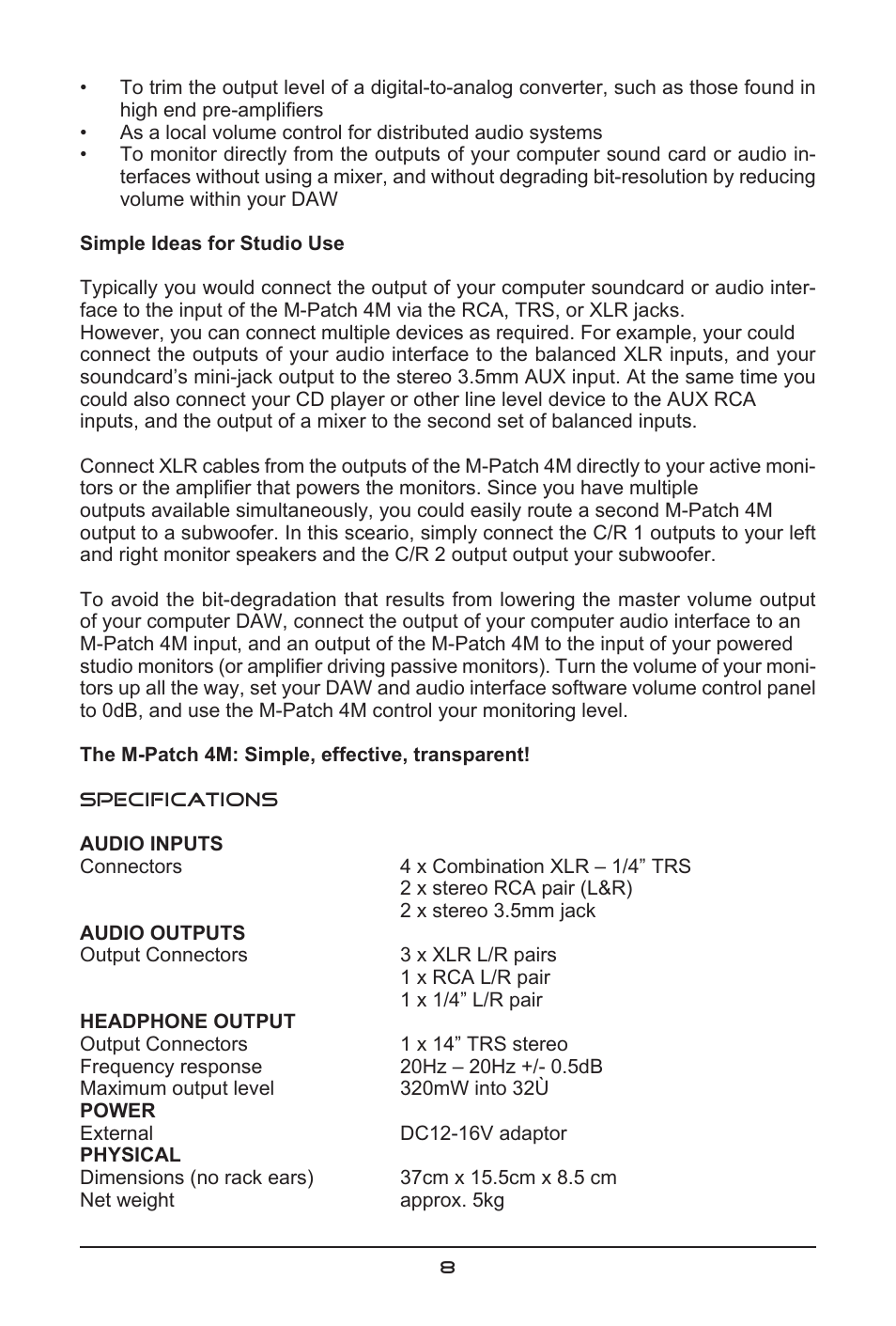 SM Pro Audio M-Patch 4M: Passive Controller/Switcher with Talkback User Manual | Page 8 / 10