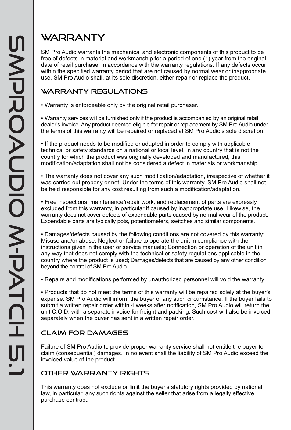 Smproaudio m-p a tch 5.1, Smproaudio m-p a tch 2, Audio input connections | Warranty | SM Pro Audio M-Patch 5.1: Passive Surround Monitor Controller User Manual | Page 13 / 14
