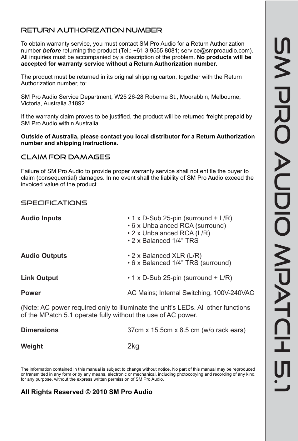 Sm pro audio mp a tch 5.1 | SM Pro Audio M-Patch 5.1: Passive Surround Monitor Controller User Manual | Page 14 / 14