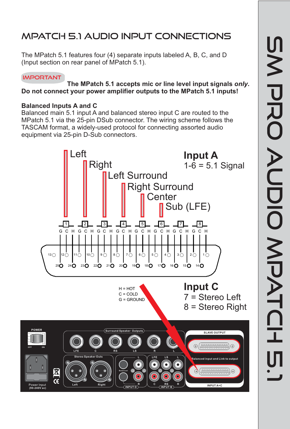Sm pro audio mp a tch 5.1, Input a, Input c | Mpatch 5.1 audio input connections, 6 = 5.1 signal, 7 = stereo left 8 = stereo right, Tip ring sleeve | SM Pro Audio M-Patch 5.1: Passive Surround Monitor Controller User Manual | Page 6 / 14