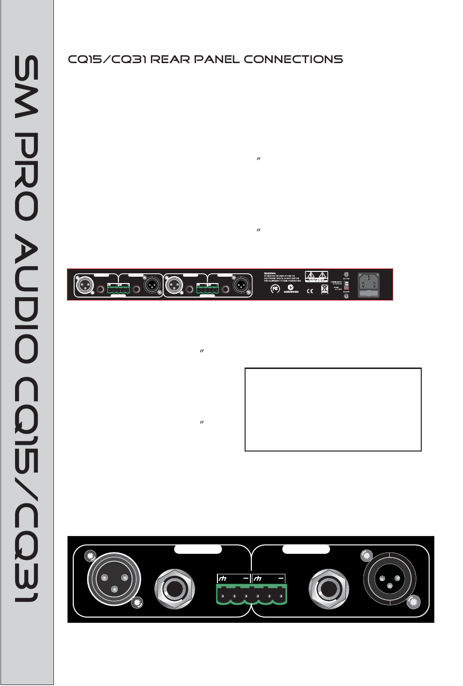 Sm pro audio cq15/cq31, Cq15/cq31 rear panel connections | SM Pro Audio CQ31: 31-Band Graphic EQ/Compressor User Manual | Page 5 / 12
