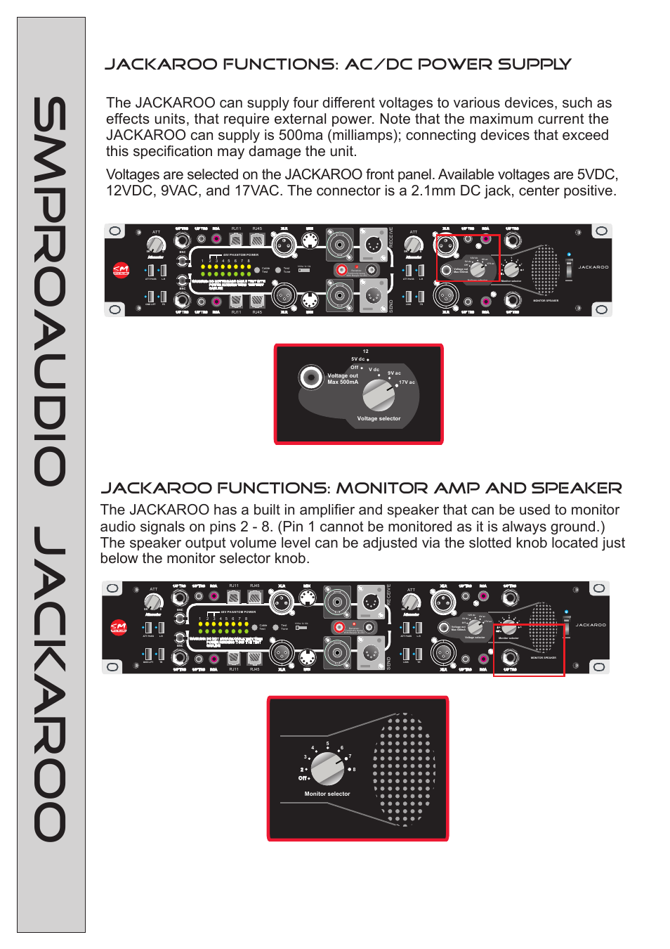 Smproaudio jackaroo, Jackaroo functions: ac/dc power supply, Jackaroo functions: monitor amp and speaker | SM Pro Audio Jackaroo: The-Test-Everything-Unit User Manual | Page 10 / 14