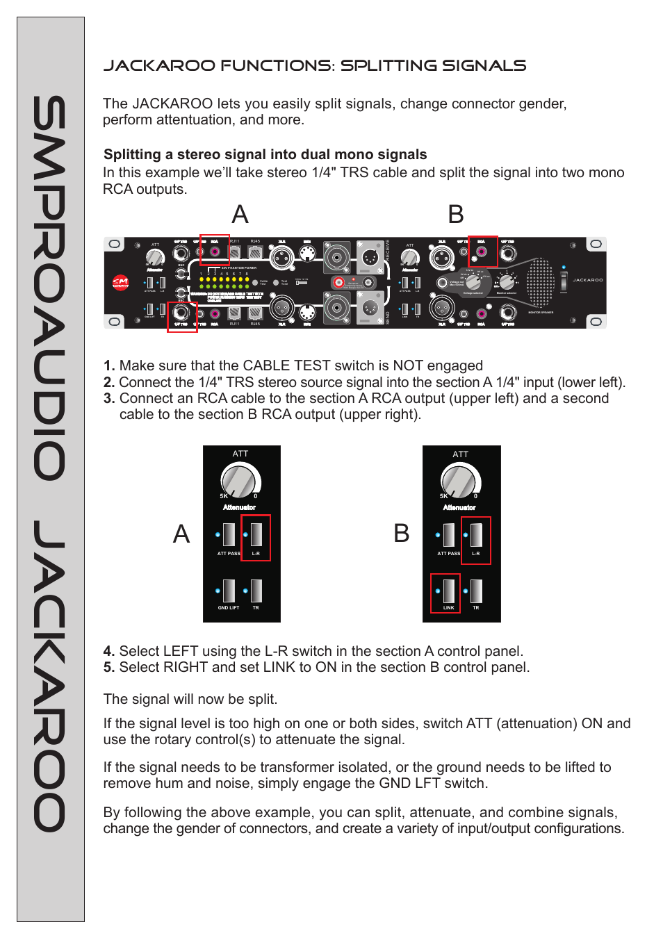 Smproaudio jackaroo, Jackaroo functions: splitting signals | SM Pro Audio Jackaroo: The-Test-Everything-Unit User Manual | Page 11 / 14