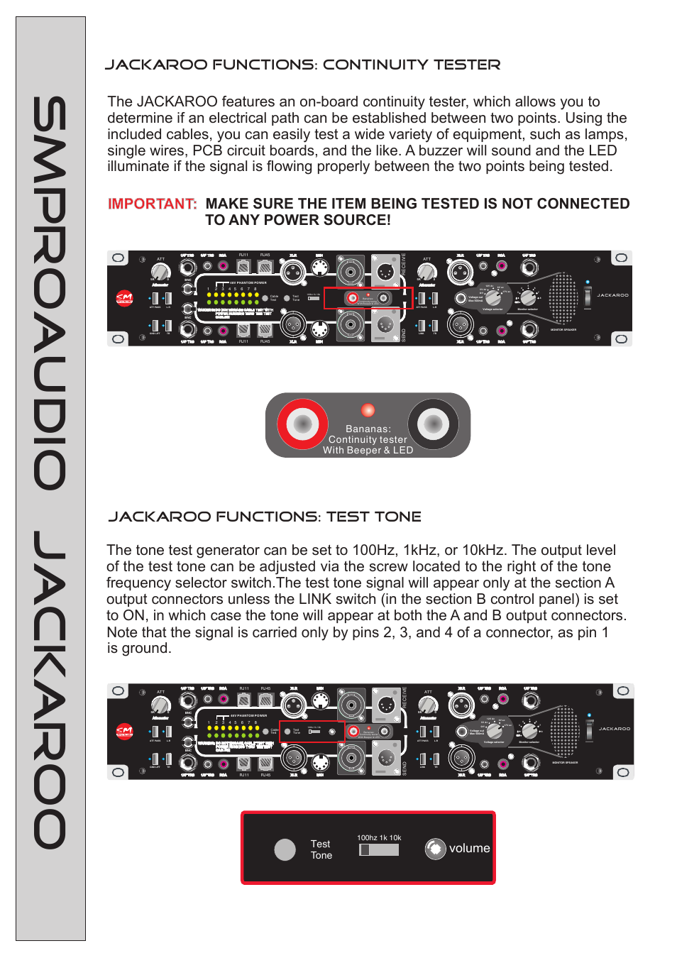 Smproaudio jackaroo, Volume, Test tone | Bananas: continuity tester with beeper & led | SM Pro Audio Jackaroo: The-Test-Everything-Unit User Manual | Page 8 / 14
