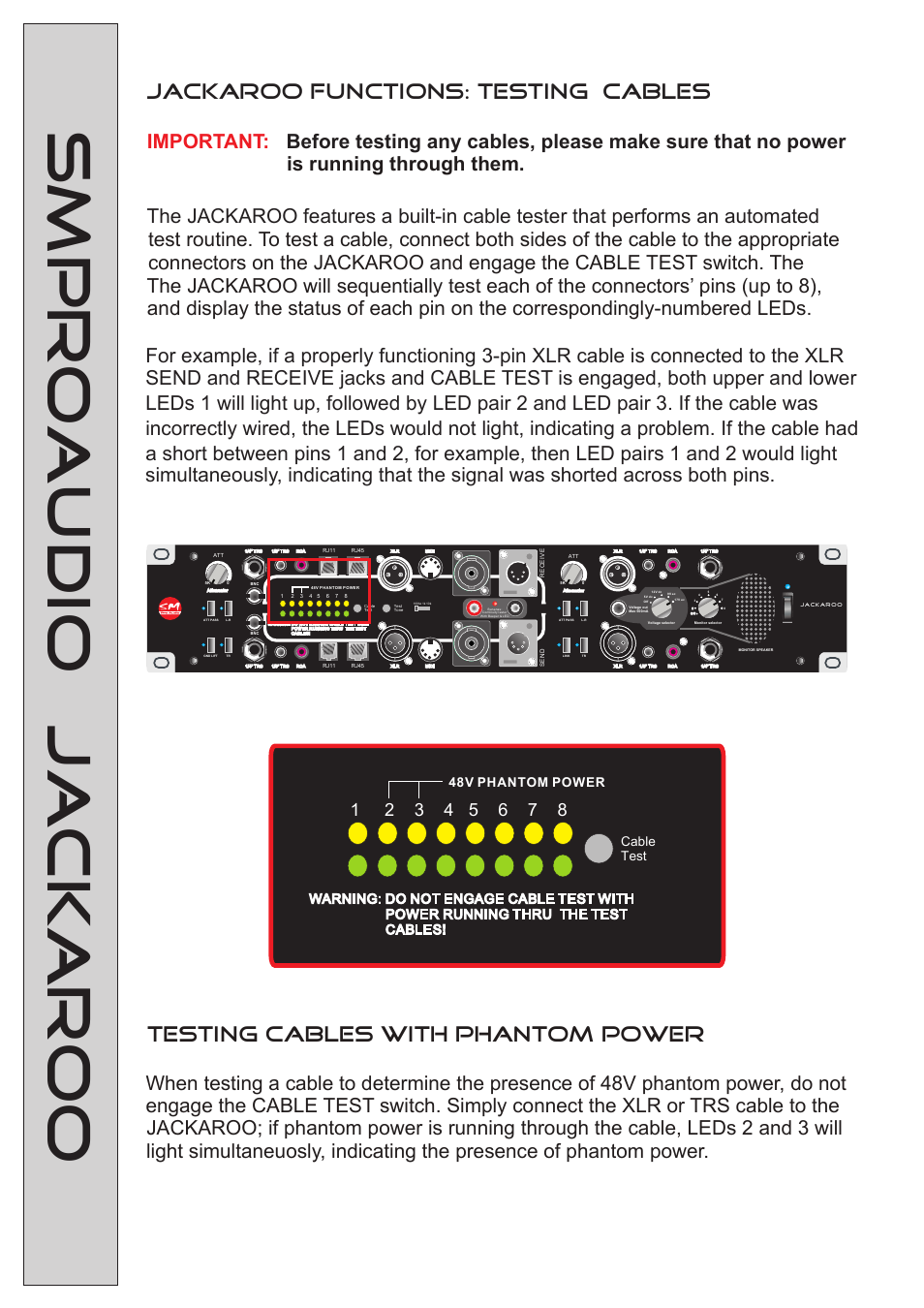 Smproaudio jackaroo, Jackaroo functions: testing cables, Testing cables with phantom power | 48v phantom power | SM Pro Audio Jackaroo: The-Test-Everything-Unit User Manual | Page 9 / 14